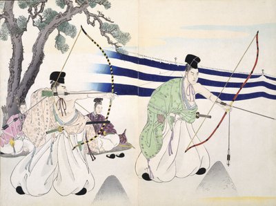 Aateliset harrastavat jousiammuntaa (katso lisätietoja 255314), 1800-luku, puupiirrosalbumista, värillinen puupainatus tekijältä Japanese School