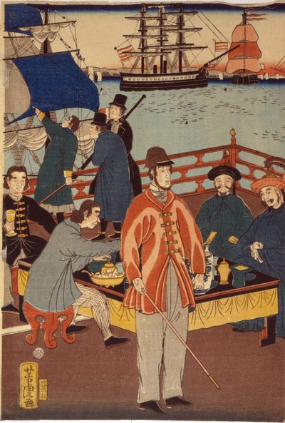 Yksi painatus triptyykistä, jossa eurooppalaiset kauppiaat nauttivat virvokkeita japanilaisten kanssa. Taustalla laivat Yokohaman satamassa Japanissa tekijältä Japanese School