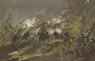 Jalkaväesotilamme taistelevat hirssipellolla lähellä Liao-yangia (chromolitho) tekijältä Japanese School