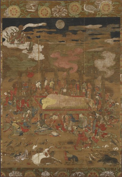 Parinirvana of Sakyamuni, historiallinen Buddha (muste, väri ja kulta silkillä) tekijältä Japanese School