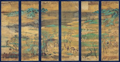 Paysage (Maisema) -näyttö kuudessa paneelissa - Anonyymi työ, guassi silkillä tekijältä Japanese School