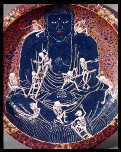 Lauta, joka esittää Buddhaa kymmenellä luurangolla (keraaminen) (yksityiskohta) (katso myös 182441) tekijältä Japanese School