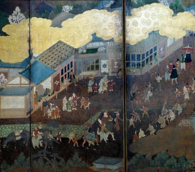 "Portugalilainen" näyttö: esitys portugalilaisten jesuiittalähetyssaarnaajien saapumisesta Japaniin 1500-luvulla. Yksityiskohta. Kanon koulun toteuttama (?). 1593-1600. Lissabonin muinaisen taiteen museo tekijältä Japanese School