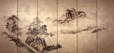 Recto: Maisema Mi Fein jälkeen, n. 1810 (muste kultalehdellä) tekijältä Japanese School
