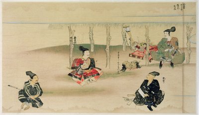 Samurai Takezaki toimittaa kahden mongolien tunkeilijan päät Adachi Morinumeen mongolien Japanin hyökkäyksen aikana vuonna 1274, kuva Kokka-lehdestä, toukokuu 1921 tekijältä Japanese School