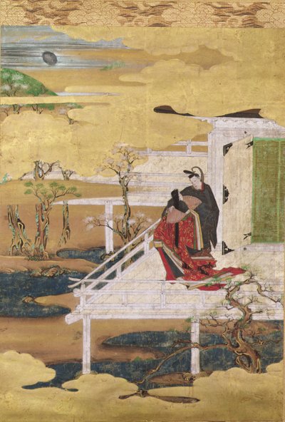 Kohtaus Genjin tarinasta (musteen väri ja kultalehti paperilla) tekijältä Japanese School
