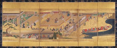 Kuusi taitettava näyttö, jossa Noh Play Funa-Benkei, n. 1660 (väri, gofun & muste ja kulta paperille) tekijältä Japanese School