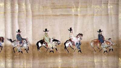 Ikaanim na Korean Embassy sa Japan sa Meireki 1 sa panahon ng paghalili ni Tokugawa Ietsuna noong 1651, posibleng ni Kano Masunobu (1625-94) (scroll painting) (detalye)finn tekijältä Japanese School