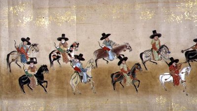 Kuudes Korean suurlähetystö Japanissa Meireki 1:ssä Tokugawa Ietsunan jälkeläisten aikaan vuonna 1651, mahdollisesti Kano Masunobu (1625-94) (käärömaalaus) tekijältä Japanese School