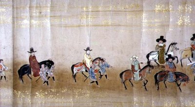 Kuudes Korean Japanin-suurlähetystö Meireki 1:ssä Tokugawa Ietsunan jälkeläisten aikaan vuonna 1651, mahdollisesti Kano Masunobu (1625-1694) (käärömaalaus) (yksityiskohta) tekijältä Japanese School