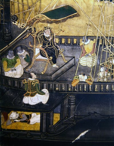 Portugalilaisten saapuminen Japaniin, yksityiskohta miehistä laivan keskiosassa, Namban Byobu -näytöstä, 1594-1618 tekijältä Japanese School