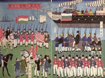 Commodore Perryn laivueen saapuminen japanilaiseen satamaan vuonna 1853 (värillinen puupainatus) tekijältä Japanese School