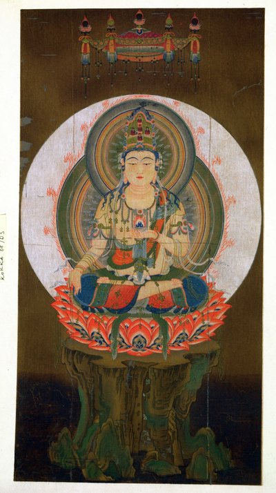 Bodhisattva Akashagarba pitelee Cintamani-jalokiviä (toiveiden antaminen) vasemmassa kädessään ja istuu lootuksen päällä, kuva 9. vuosisadan kakemonon jälkeen Daigon temppelistä, julkaistu Th. tekijältä Japanese School