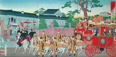 Keisari Mutsuhito (1852-1912) palaamassa palatsiinsa Tokiossa, 1800-luvun lopulla (värillinen puupainatus) tekijältä Japanese School