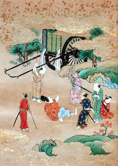 Munkki Shogaku (1126-1235) ryöstöjen kimppuun (akvarelli paperille) tekijältä Japanese School