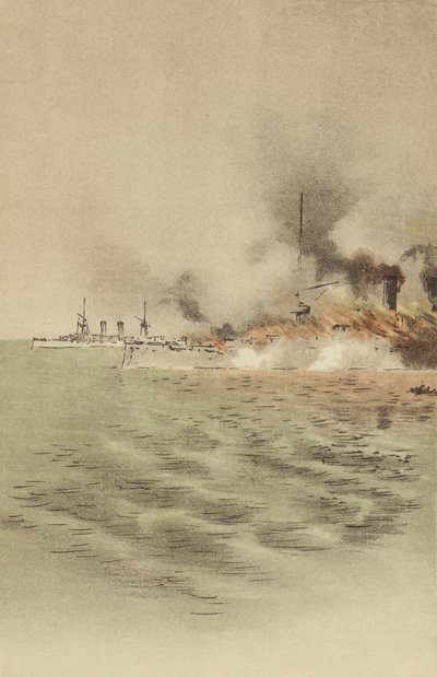 Varyagin sytytti tuleen hänen oma miehistönsä estääkseen vangitsemisen Chemulpossa (chromolitho) tekijältä Japanese School