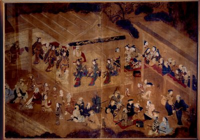 Teatteri Kabuki: näyttelijät lavalla; 1700-luvun japanilainen printti Pariisi, Guimetin museo, Aasian taiteiden kansallinen museo tekijältä Japanese School