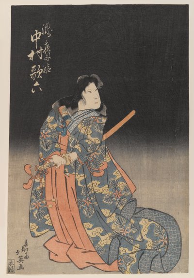 Teatraalinen mieshahmo miekalla (värillinen puupalikkaprintti) tekijältä Japanese School