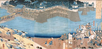 Triptyykki, jossa näkyy Kunigos-joen varrelle rakennettava linnoitus, Edo-kausi 1603–1868. tekijältä Japanese School