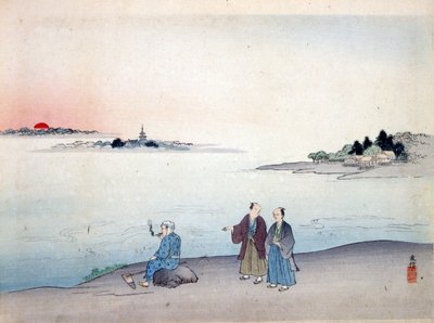 Kaksi miestä kävelemässä järven rannalla, n. 1870 tekijältä Japanese School