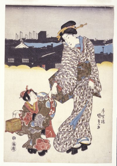 Nimetön (nainen ja lapsi) (värilliset puupiirrokset) tekijältä Japanese School