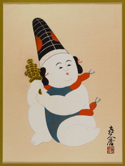 Nimetön (istuva poika, päällään hattu ja pitelee lelua) (puupalikkaväripainatus) tekijältä Japanese School