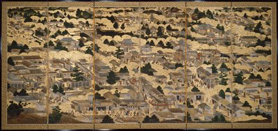 Näkymiä Kiotossa ja sen ympäristössä (Rakuchu rakugai zu), n.1616-24 (muste, väri ja lehtikulta paperille). tekijältä Japanese School