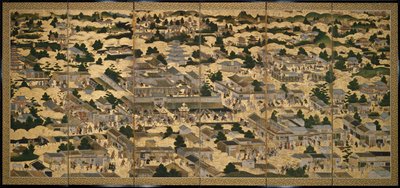 Näkymiä Kiotossa ja sen ympäristössä (Rakuchu rakugai zu), n.1616-24 (muste, väri ja lehtikulta paperille). tekijältä Japanese School