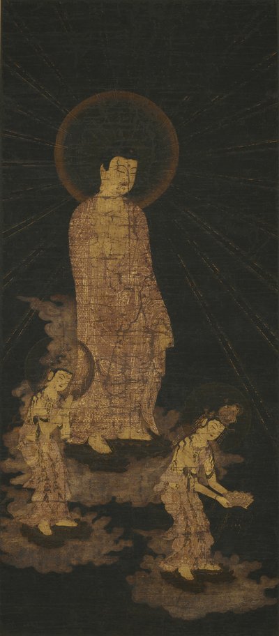 Amida Buddha Triadin tervetulotoivotus (kulta ja väri indigovärjätyllä silkillä) tekijältä Japanese School