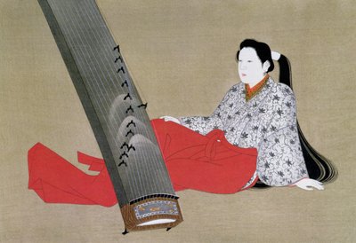 Nainen leikkimässä Kotoa, kopioitu Kokka-lehdessä, n. 1896-97 tekijältä Japanese School