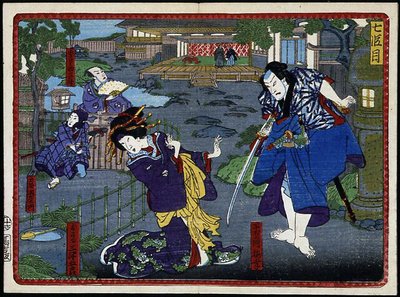 Nainen kimonossa ja samurai - elokuvassa "The revengeance of the 47 ronins" 1800-luvulla: Kabouki-sarja tekijältä Japanese School