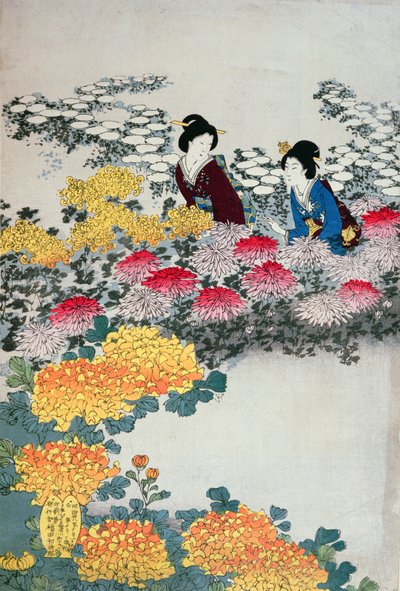 Naiset kukkivassa puutarhassa (värillinen puupainatus) tekijältä Japanese School