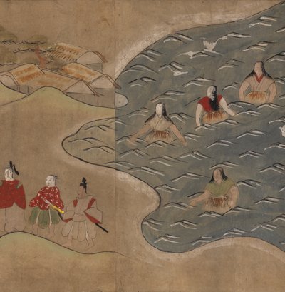 Naiset merellä, kuvitus "Taishokkanista" (muste ja väri paperille) tekijältä Japanese School
