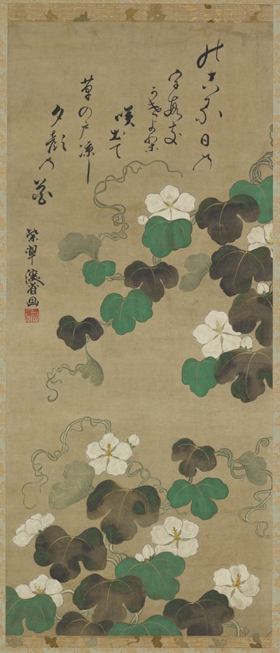 Yugao viiniköynnökset ja runo, riippuva kirjakäärö (asennettu paneeliin), 1700-1800-luku (väri paperilla) tekijältä Japanese School