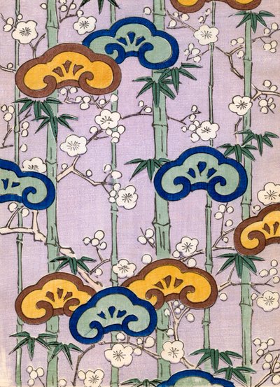 värillinen puupainatus bambusta ja kirsikankukista tekijältä Japanese School