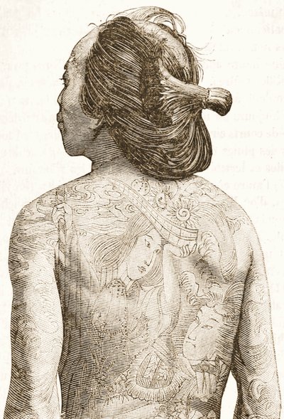 mies, jolla on perinteiset japanilaiset Irezumi-tatuoinnit, n. 1880 tekijältä Japanese School
