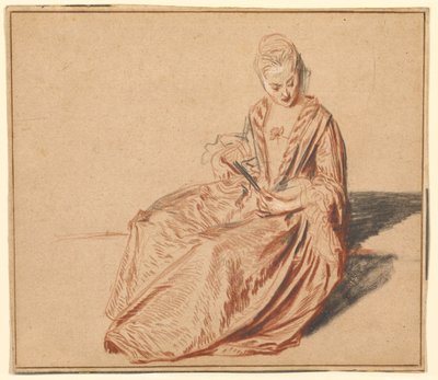 Istuva nainen ja viuhka tekijältä Jean-Antoine Watteau