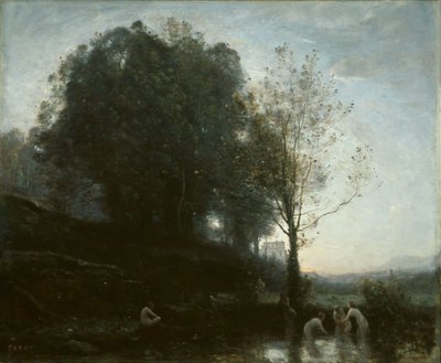Kylpevät nymfit ja lapsi tekijältä Jean-Baptiste-Camille Corot