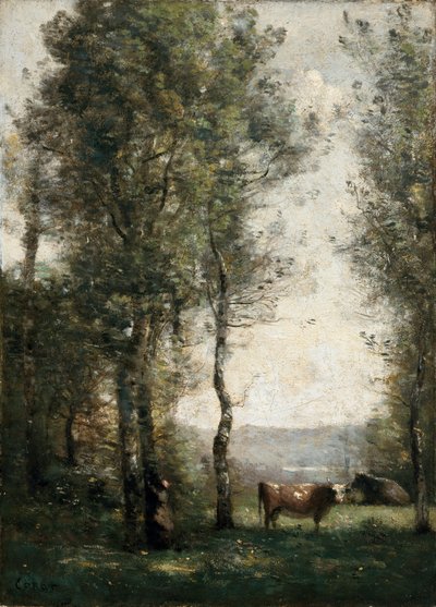 Metsäinen maisema, jossa lehmät raivaamolla tekijältä Jean-Baptiste-Camille Corot