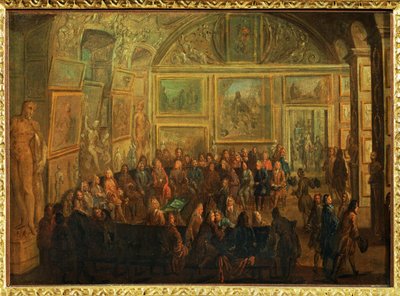 Näkymä Louvren Diane-salonkiin;Maalausakatemian istunto ... tekijältä Jean Baptiste (after) Martin