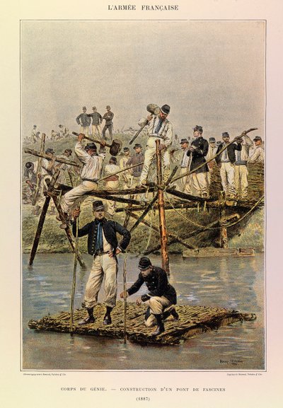 Kapteeni Jules Richardin ranskalaisen armeijan tyypit ja univormut, kuvittanut Edouard Detaille (1848-1912): Corps de Genie; Kiehtovien sillan rakentaminen vuonna 1887, Yksityinen kokoelma tekijältä Jean Baptiste Edouard Detaille