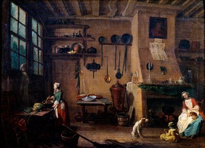 Keittiön sisustus 1700-luvulla. Kokki valmistaa aterian. Taustalla näemme seinällä roikkuvat keittiövälineet. Jean Baptiste Lallemandin (1710-1803) maalaus 1700-luvulta Dijon, Kuvataidemuseo tekijältä Jean Baptiste Lallemand