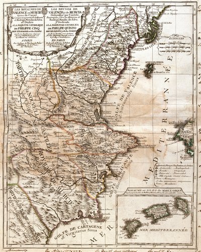 Valencian ja Murcian kuningaskunnan kartta (Espanja) (kaiverrus tekijältä Jean Baptiste Nolin