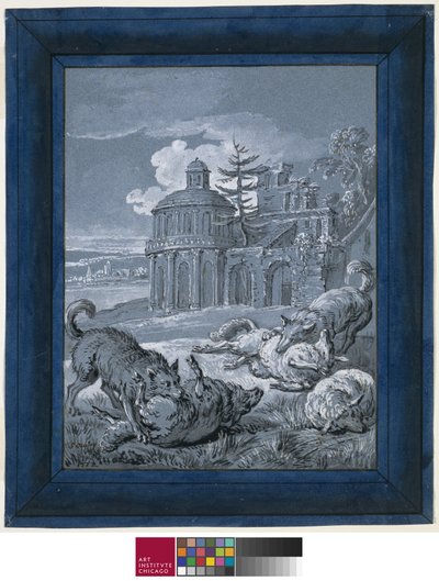 Wolves Attacking Sheep (Rein de Trop II) 1732 (kynä & muste pesuaineella ja guassi paperilla) tekijältä Jean Baptiste Oudry