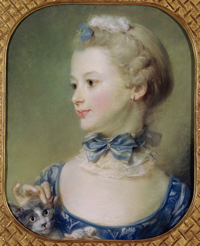 Nuori tyttö kissa kanssa (pastelli pergamentille) tekijältä Jean Baptiste Perronneau