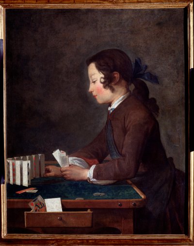 Nuori poika pelaa korttia Jean Baptisten maalaus tekijältä Jean Baptiste Simeon Chardin