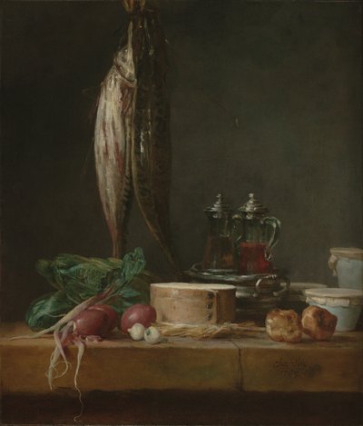 Asetelma, jossa on kalaa, vihanneksia, gougéres, ruukkuja ja maljoja pöydällä. tekijältä Jean-Baptiste Simeon Chardin