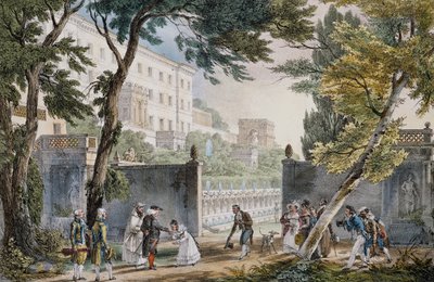 Upea kohtaus huvilan sisäänkäynnillä Roomassa, noin 1820, kaiverrus Jean-Baptiste Thomas (1791.1833) tekijältä Jean Baptiste Thomas