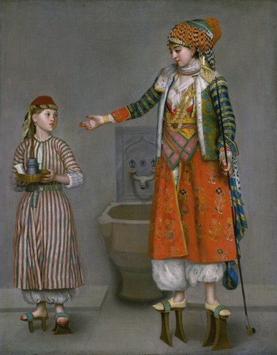 Turkkilaispukuinen nainen ja hänen palvelijansa tekijältä Jean-Étienne Liotard