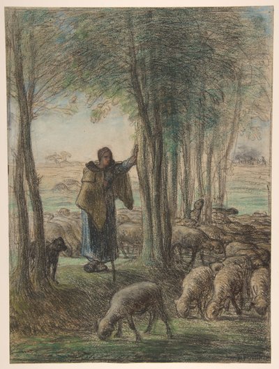 Paimenettar ja hänen laumansa puiden varjossa tekijältä Jean-Francois Millet